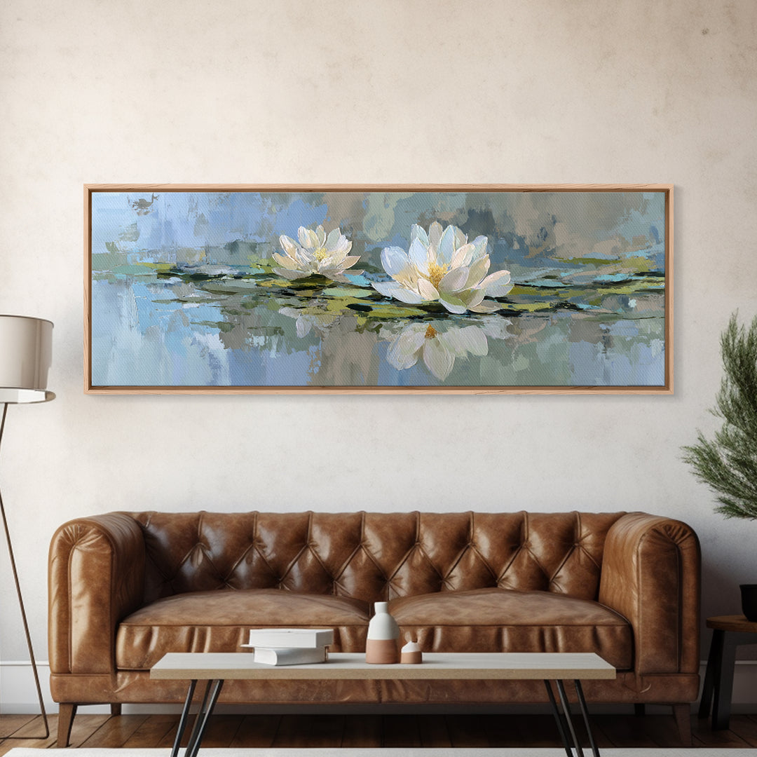 Lotus Flower Floating on Still Water Framed Canvas Print, Medical Office Art, Office Decor, Oil Painting, Calm, MOA-3x1-99