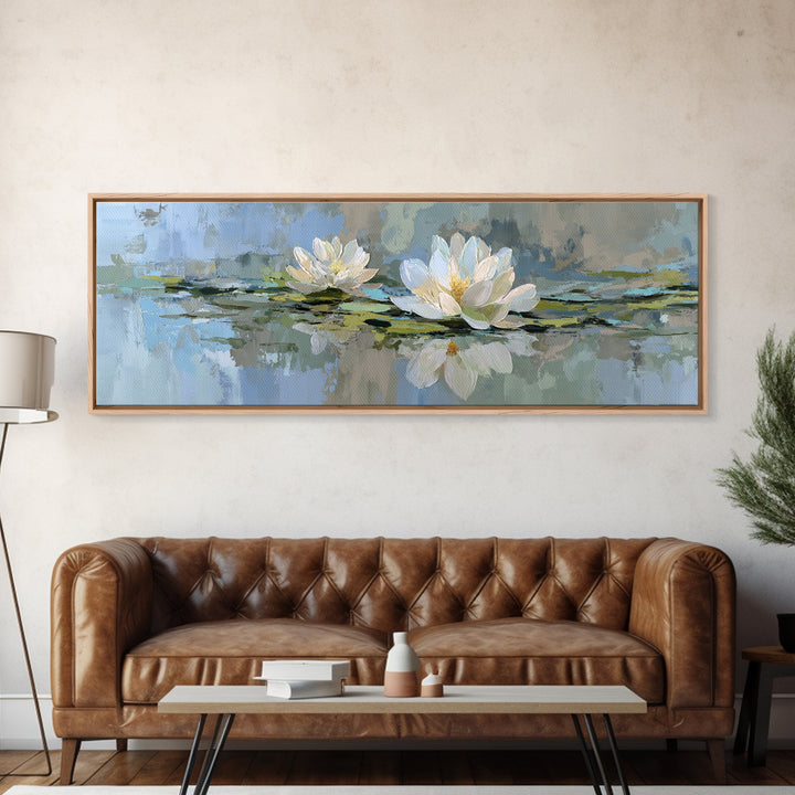 Lotus Flower Floating on Still Water Framed Canvas Print, Medical Office Art, Office Decor, Oil Painting, Calm, MOA-3x1-99