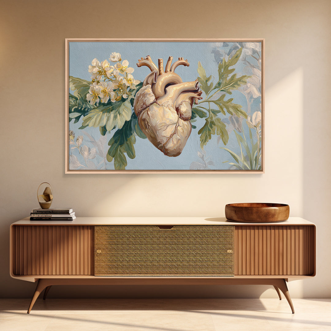 Anatomical Heart Rendered as Tasteful Botanical Art Framed Canvas Print, Medical Office Art, Anatomy Art, Office Decor, Calm, MOA-3x2-41