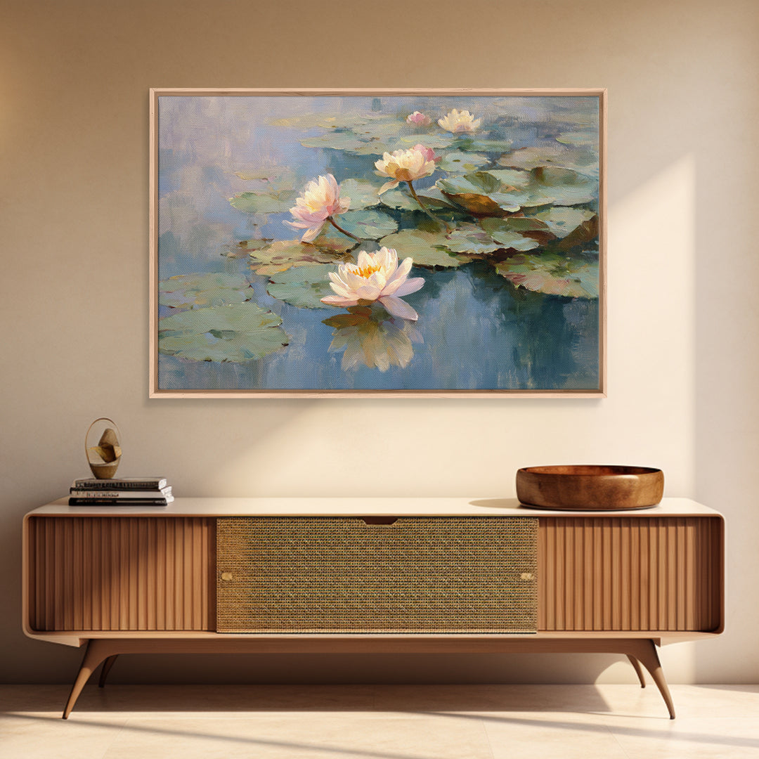 Lotus Flower Floating on Still Water Framed Canvas Print, Medical Office Art, Dental Office Decor, Office Decor, Oil Painting, MOA-3x2-63