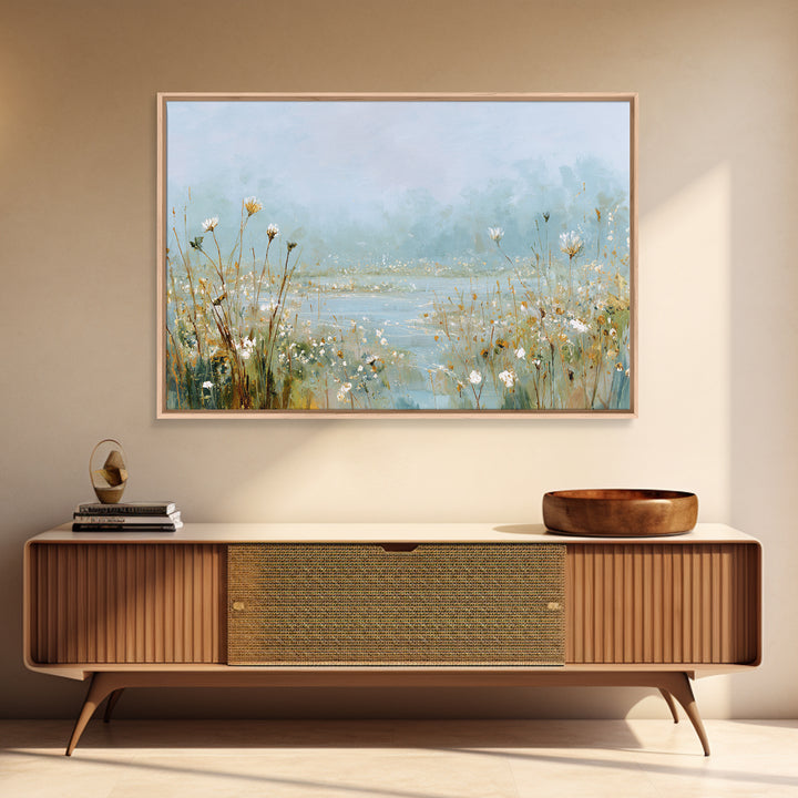 Sunlit Meadow with Wildflowers and Calm Mood Framed Canvas Print, Medical Office Art, Gallery Decor, Office Decor, Calm, MOA-3x2-64