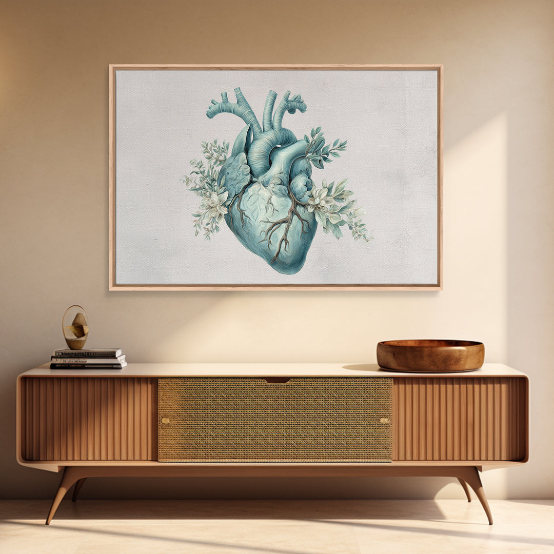 Anatomical Heart Rendered as Tasteful Botanical Art Framed Canvas Print, Medical Office Art, Anatomy Art, Office Decor, Calm, MOA-3x2-65