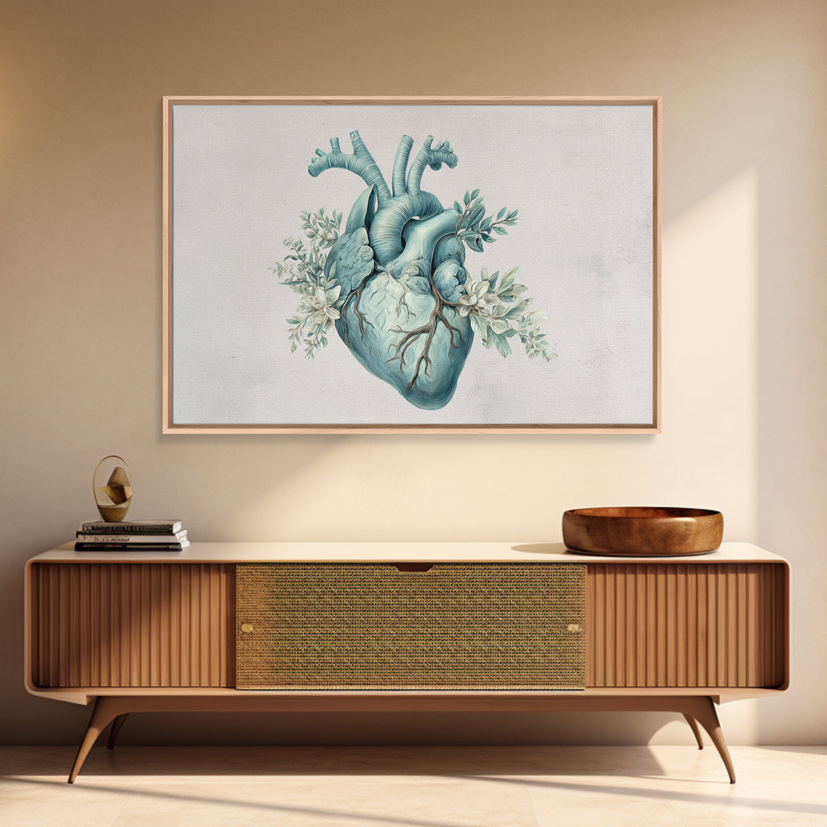 Anatomical Heart Rendered as Tasteful Botanical Art Framed Canvas Print, Medical Office Art, Anatomy Art, Office Decor, Calm, MOA-3x2-65