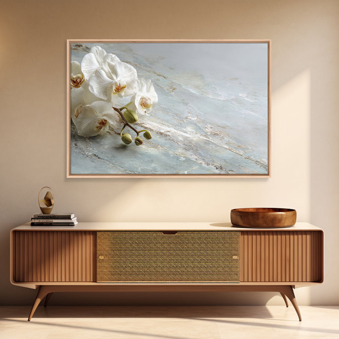 White Orchid on Gray Stone Surface Framed Canvas Print, Medical Office Art, Brain Art, Office Decor, Oil Painting, Calm, MOA-3x2-82
