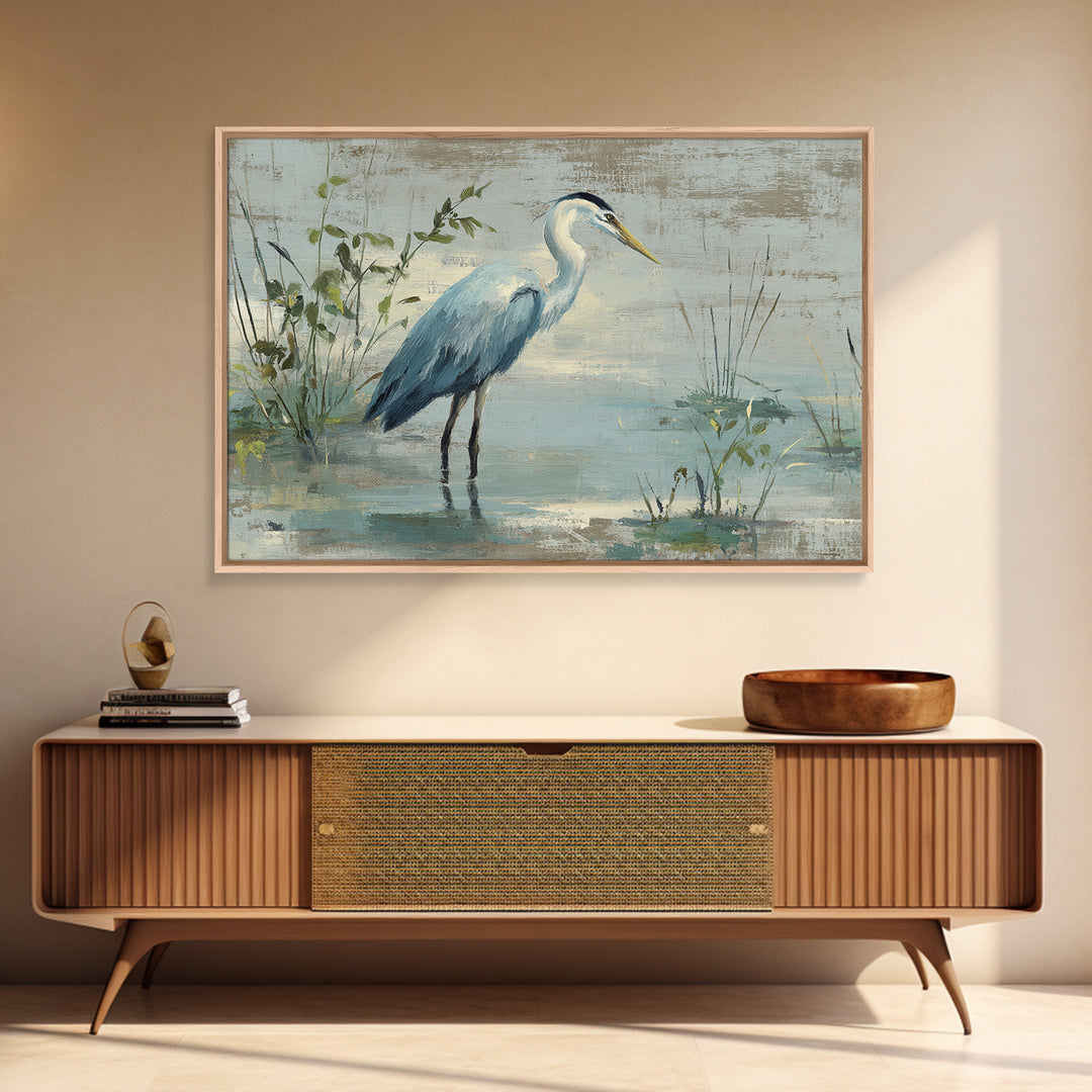 Blue Heron Standing Framed Canvas Print, Medical Office Art, Medical Wall Art, Office Decor, Fine Art, Calm, Neutral Decor, MOA-3x2-90