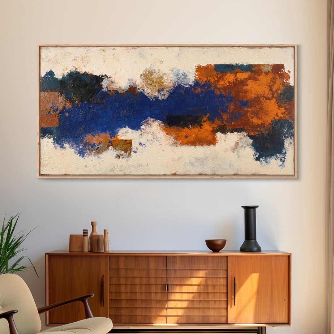 Expressive Brushwork in Cobalt and Rust Framed Canvas Print, Modern Art, Minimalist Decor, Living Room Decor, Fine Art, Modern, MOD-2x1-50