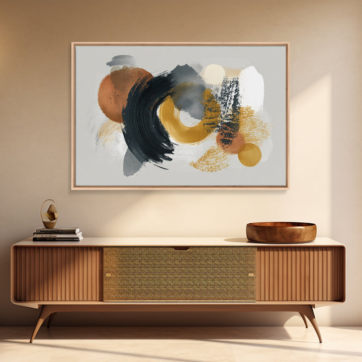 Dynamic Black Brush Marks on Neutral Ground Framed Canvas Print, Modern Art, Neutral Decor, Living Room Decor, Fine Art, Modern, MOD-3x2-39