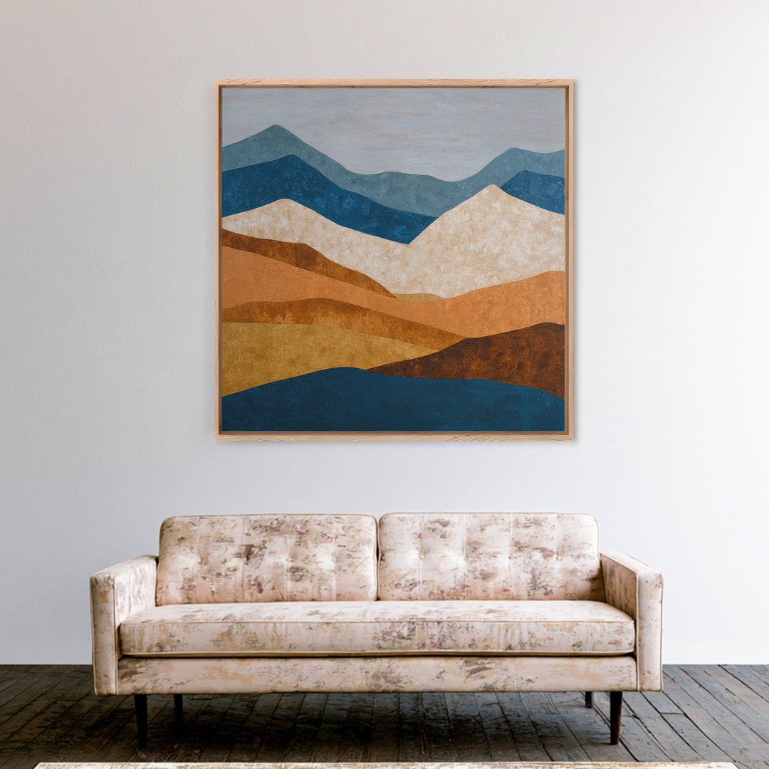 Blue Mountain Ridge Layers Framed Canvas Print, Monochrome Art, Modern Wall Art, Living Room Decor, Mono, Statement Artwork, MON-1x1-24
