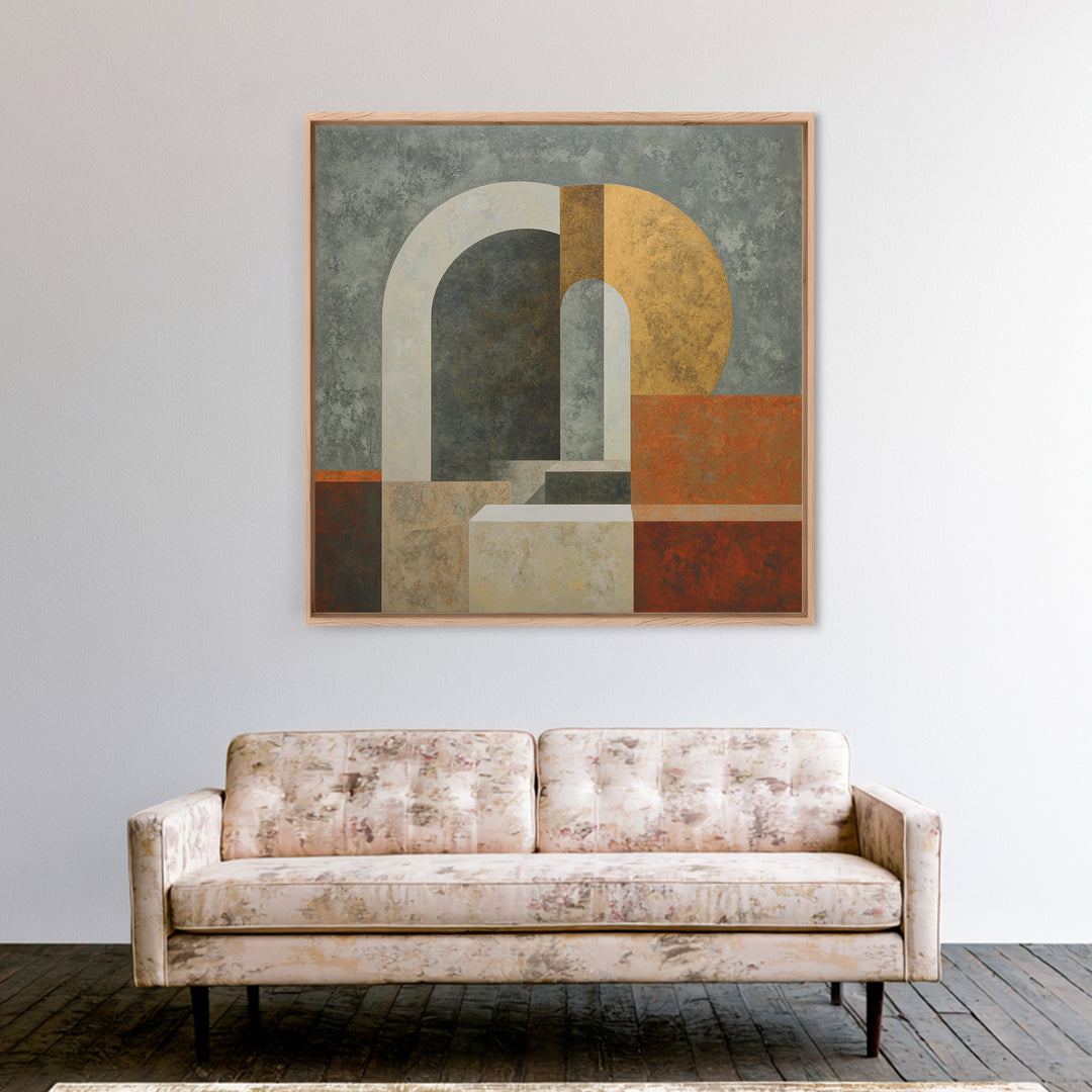 Gray Architectural Arch and Shadow Study Framed Canvas Print, Monochrome Art, Abstract Painting, Living Room Decor, MON-1x1-34