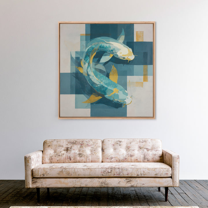Teal Koi Fish on Tonal Water Framed Canvas Print, Monochrome Art, Gallery Decor, Living Room Decor, Fine Art, Mono, MON-1x1-41