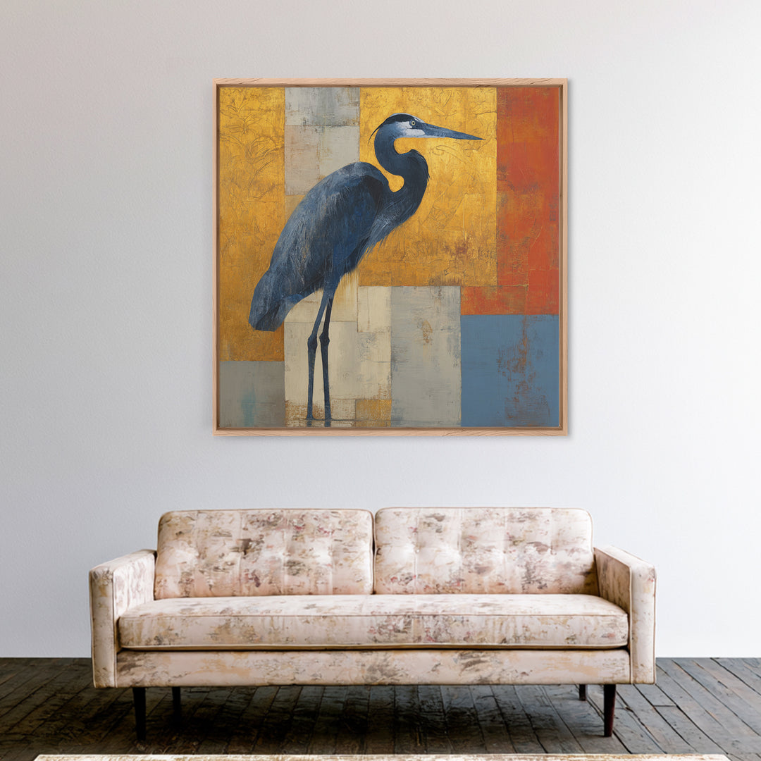 Blue Heron in Monochrome Navy Palette Framed Canvas Print, Monochrome Art, Digital Wall Art, Living Room Decor, Fine Art, Mono, MON-1x1-56