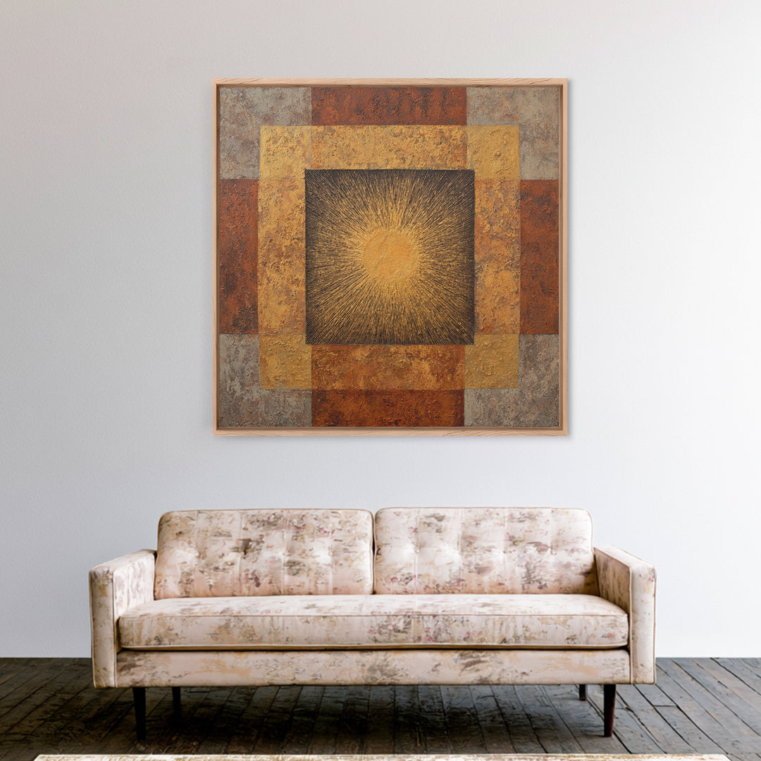 Gold Tonal Sunburst Medallion Framed Canvas Print, Monochrome Art, Wallpaper Mural, Living Room Decor, Fine Art, Mono, MON-1x1-62