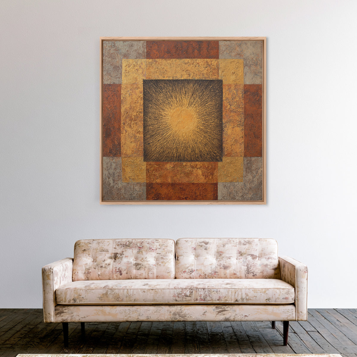 Gold Tonal Sunburst Medallion Framed Canvas Print, Monochrome Art, Wallpaper Mural, Living Room Decor, Fine Art, Mono, MON-1x1-62
