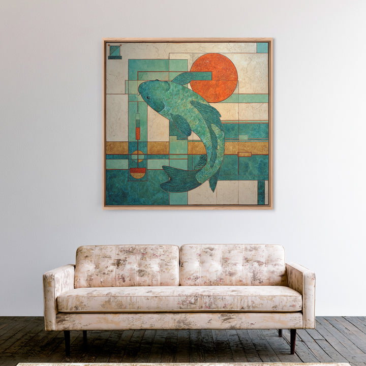 Teal Koi Fish on Tonal Water Framed Canvas Print, Monochrome Art, Gallery Decor, Living Room Decor, Fine Art, Mono, MON-1x1-65