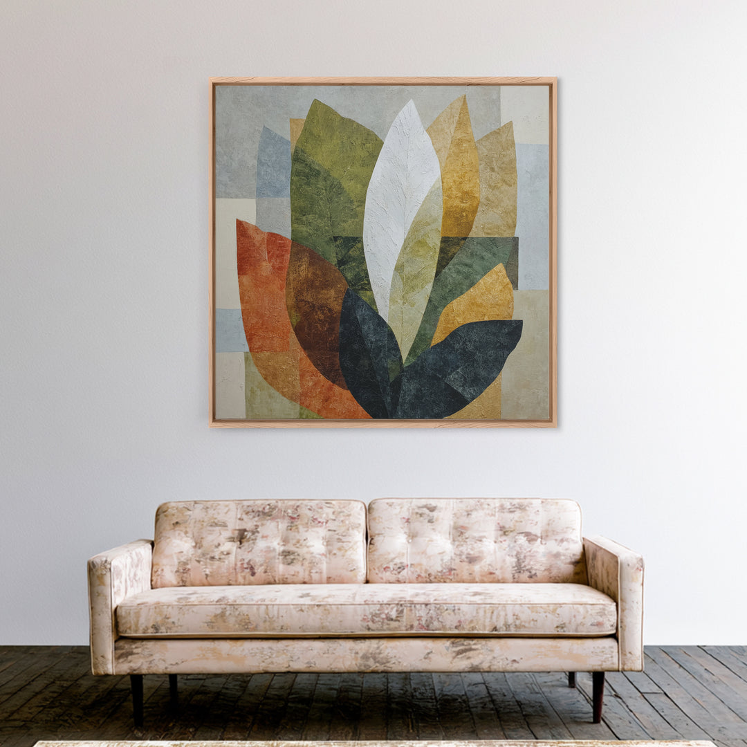 Olive Green Abstract Leaf Pattern Framed Canvas Print, Monochrome Art, Unique Wall Art, Living Room Decor, Oil Painting, Mono, MON-1x1-68
