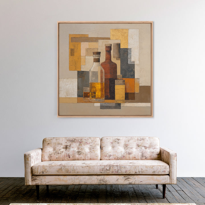 Brown Leather and Whiskey Still Life Framed Canvas Print, Monochrome Art, Abstract Painting, Living Room Decor, Fine Art, Mono, MON-1x1-71