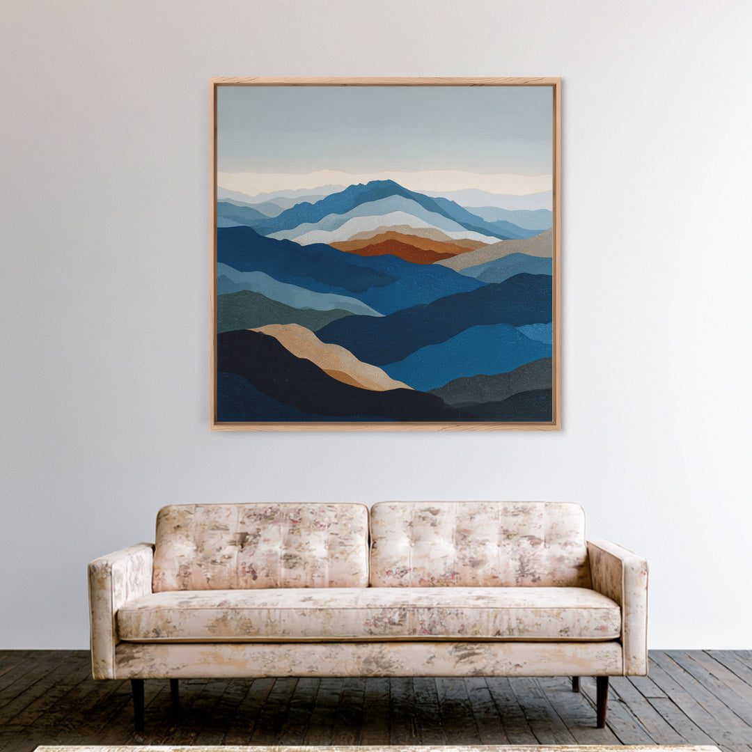 Blue Mountain Ridge Layers Framed Canvas Print, Monochrome Art, Bedroom Wall Art, Living Room Decor, Mono, Luxury Decor, MON-1x1-72