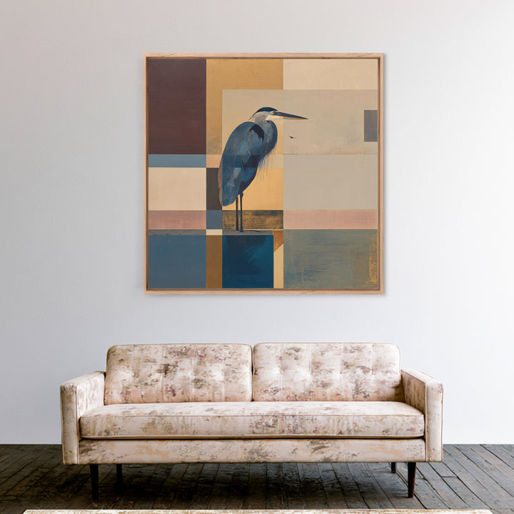 Blue Heron in Monochrome Navy Palette Framed Canvas Print, Monochrome Art, Mid Century Modern, Living Room Decor, Mono, MON-1x1-8