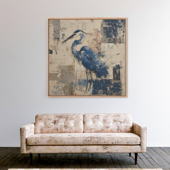 Blue Heron in Monochrome Navy Palette Framed Canvas Print, Monochrome Art, Neutral Decor, Living Room Decor, Fine Art, Mono, MON-1x1-80
