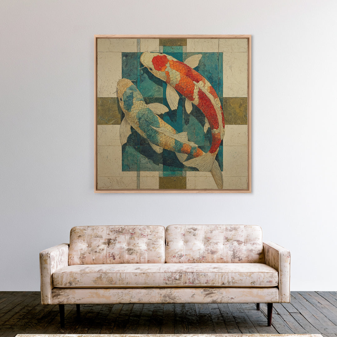 Teal Koi Fish on Tonal Water Canvas Print, Monochrome Art, Boho Decor, Living Room Decor, Fine Art, Mono, Digital Art, MON-1x1-89