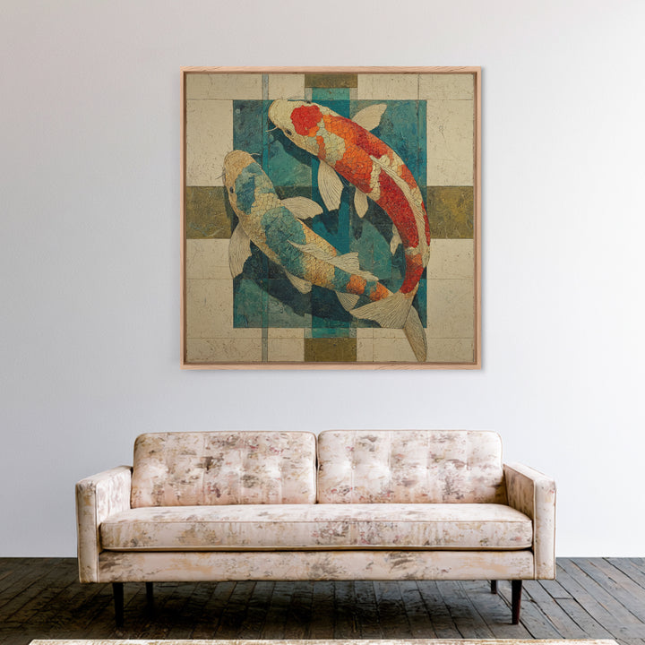 Teal Koi Fish on Tonal Water Canvas Print, Monochrome Art, Boho Decor, Living Room Decor, Fine Art, Mono, Digital Art, MON-1x1-89