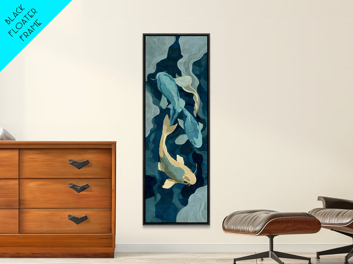 Teal Koi Fish on Tonal Water Framed Canvas Print, Monochrome Art, Neutral Decor, Living Room Decor, Fine Art, Mono, Home Decor, MON-1x3-29