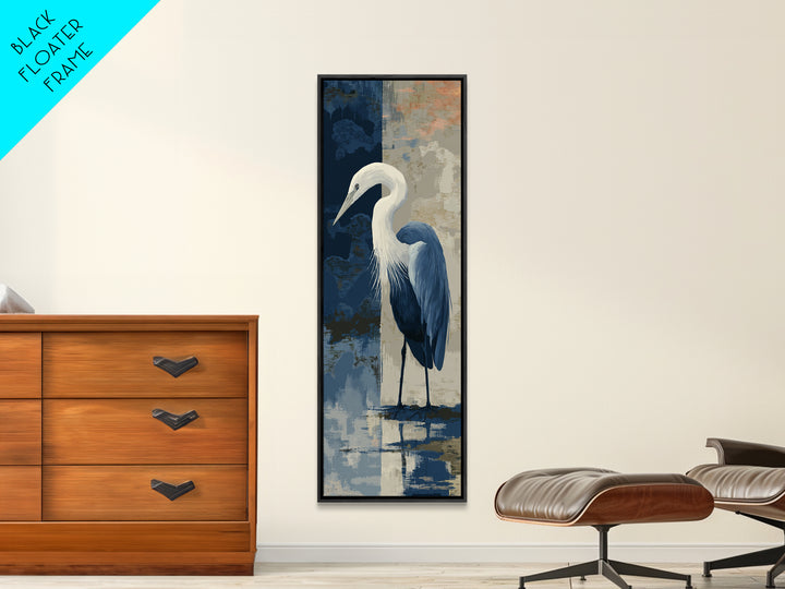 Blue Heron in Monochrome Navy Palette Framed Canvas Print, Monochrome Art, Apartment Decor, Living Room Decor, Fine Art, Mono, MON-1x3-92