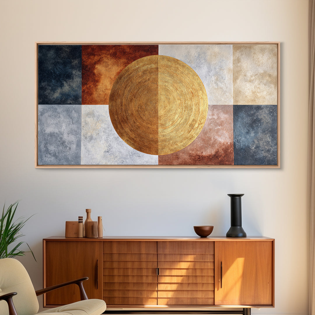 Gold Tonal Sunburst Medallion Framed Canvas Print, Monochrome Art, Luxury Decor, Living Room Decor, Fine Art, Mono, MON-2x1-10