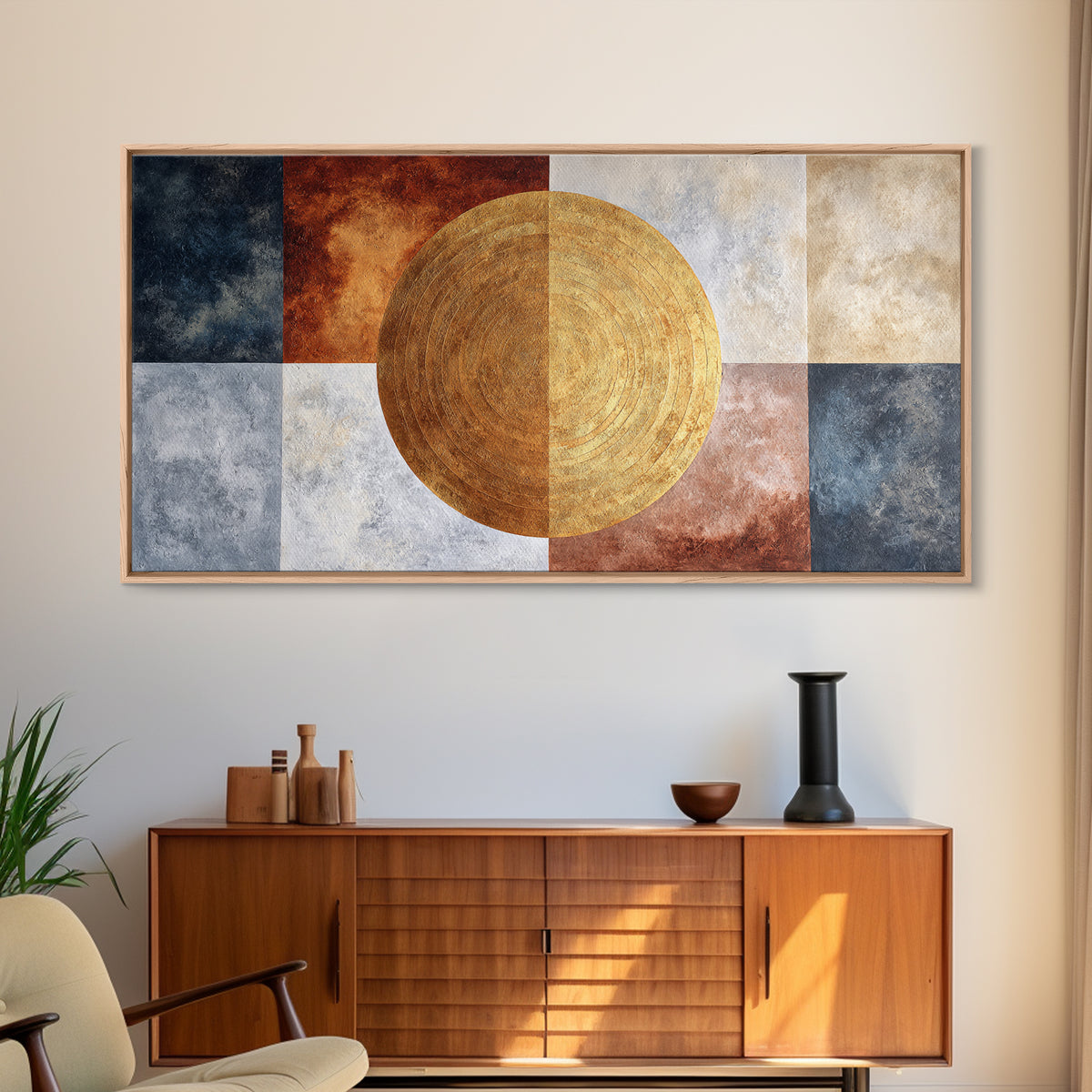 Gold Tonal Sunburst Medallion Framed Canvas Print, Monochrome Art, Luxury Decor, Living Room Decor, Fine Art, Mono, MON-2x1-10