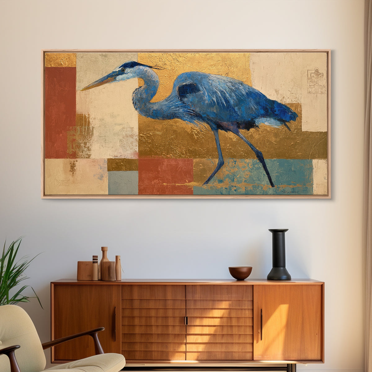 Blue Heron in Monochrome Navy Palette Framed Canvas Print, Monochrome Art, Dopamine Decor, Living Room Decor, Fine Art, Mono, MON-2x1-100