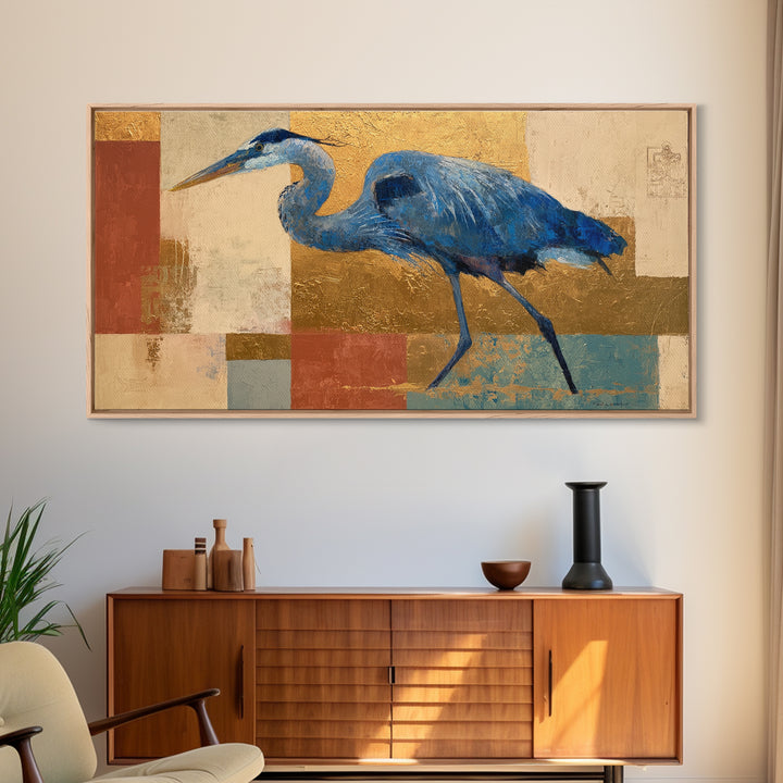 Blue Heron in Monochrome Navy Palette Framed Canvas Print, Monochrome Art, Dopamine Decor, Living Room Decor, Fine Art, Mono, MON-2x1-100