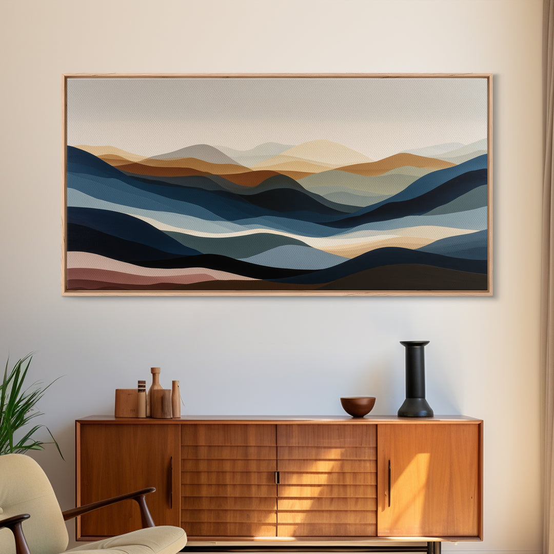 Blue Mountain Ridge Layers Framed Canvas Print, Monochrome Art, Fine Art Print, Living Room Decor, Watercolor Art, Mono, MON-2x1-20