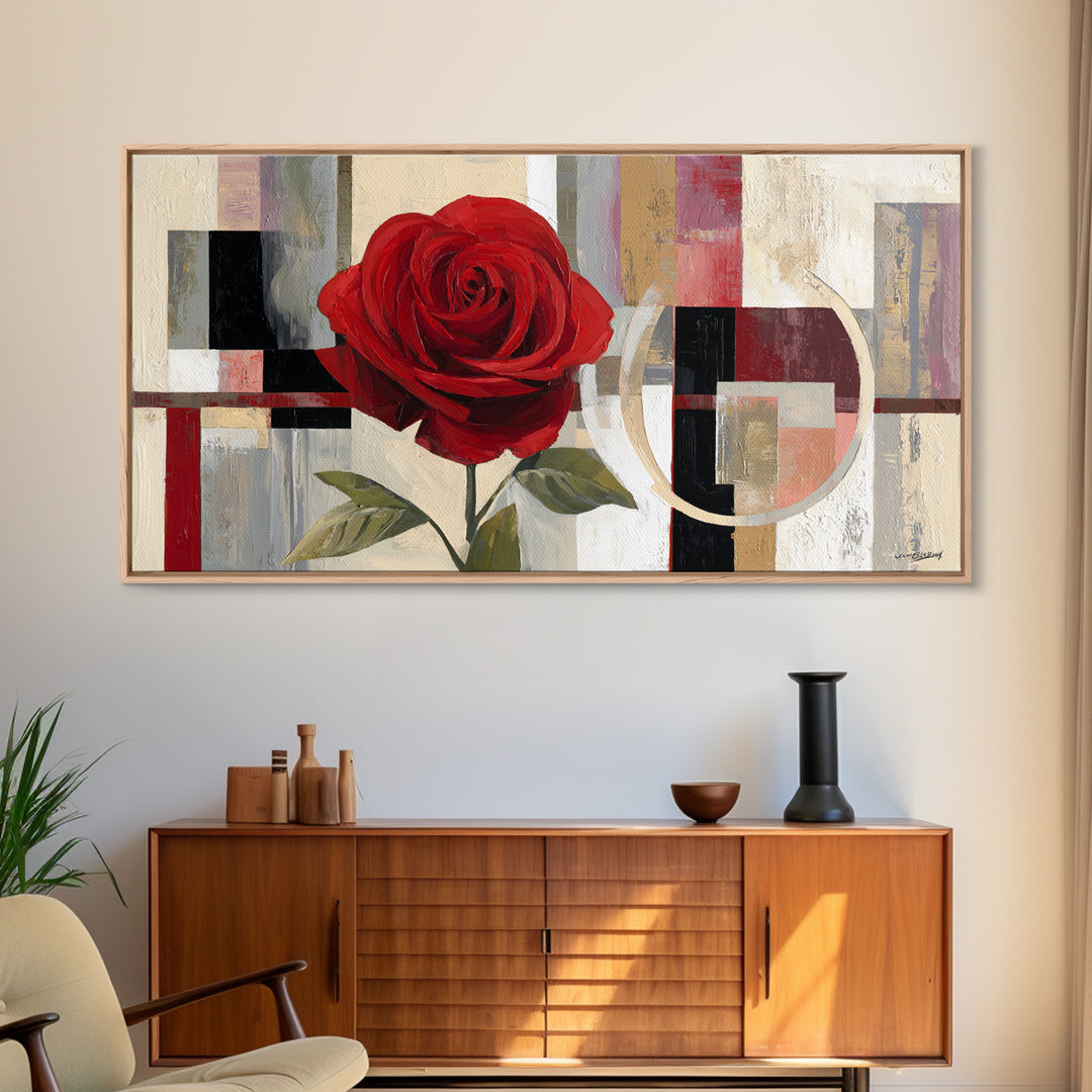 Single Red Rose Rendered Only Framed Canvas Print, Monochrome Art, Modern Decor, Living Room Decor, Oil Painting, Mono, MON-2x1-27