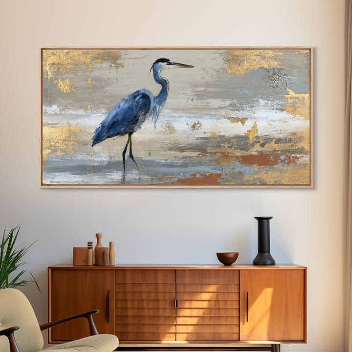 Blue Heron in Monochrome Navy Palette Framed Canvas Print, Monochrome Art, Minimalist Decor, Living Room Decor, Fine Art, Mono, MON-2x1-28