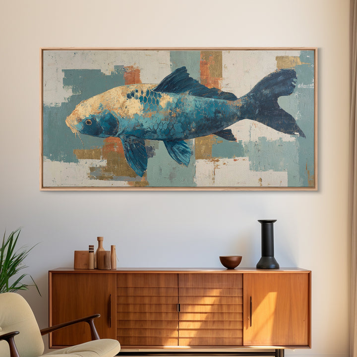 Teal Koi Fish on Tonal Water Framed Canvas Print, Monochrome Art, Minimalist Decor, Living Room Decor, Fine Art, Mono, MON-2x1-37