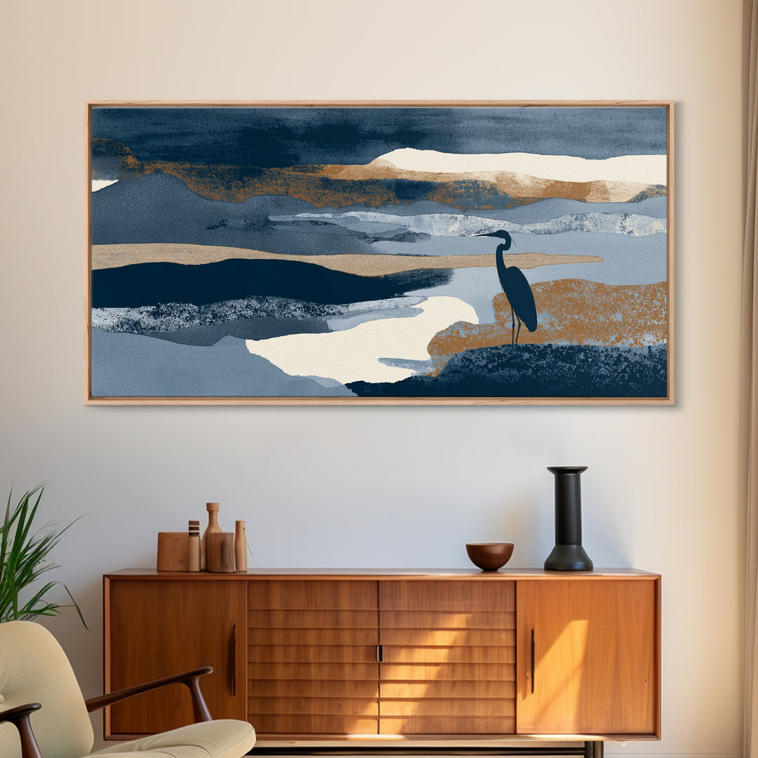 Blue Heron in Monochrome Navy Palette Canvas Print, Monochrome Art, Boho Decor, Living Room Decor, Fine Art, Mono, Art Print, MON-2x1-4