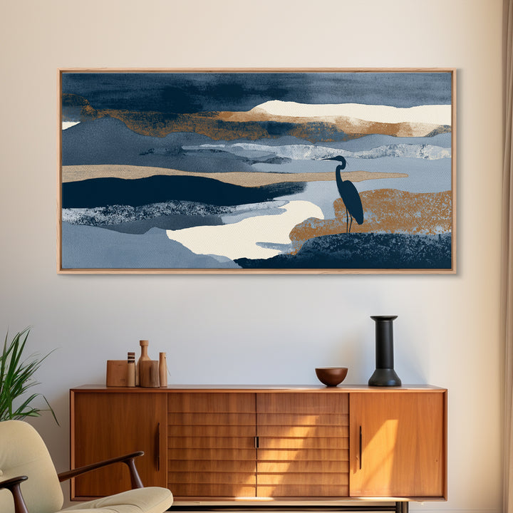 Blue Heron in Monochrome Navy Palette Canvas Print, Monochrome Art, Boho Decor, Living Room Decor, Fine Art, Mono, Art Print, MON-2x1-4