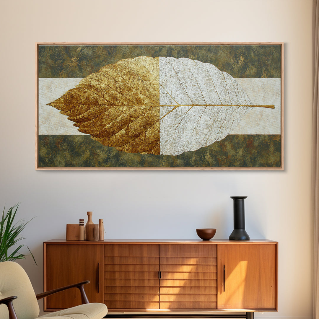 Olive Green Abstract Leaf Pattern Framed Canvas Print, Monochrome Art, Home Decor, Living Room Decor, Fine Art, Mono, MON-2x1-40