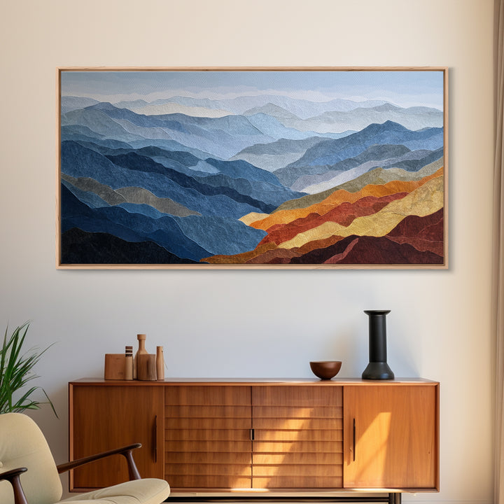 Blue Mountain Ridge Layers Canvas Print, Monochrome Art, Textured Painting, Living Room Decor, Fine Art, Mono, MON-2x1-44