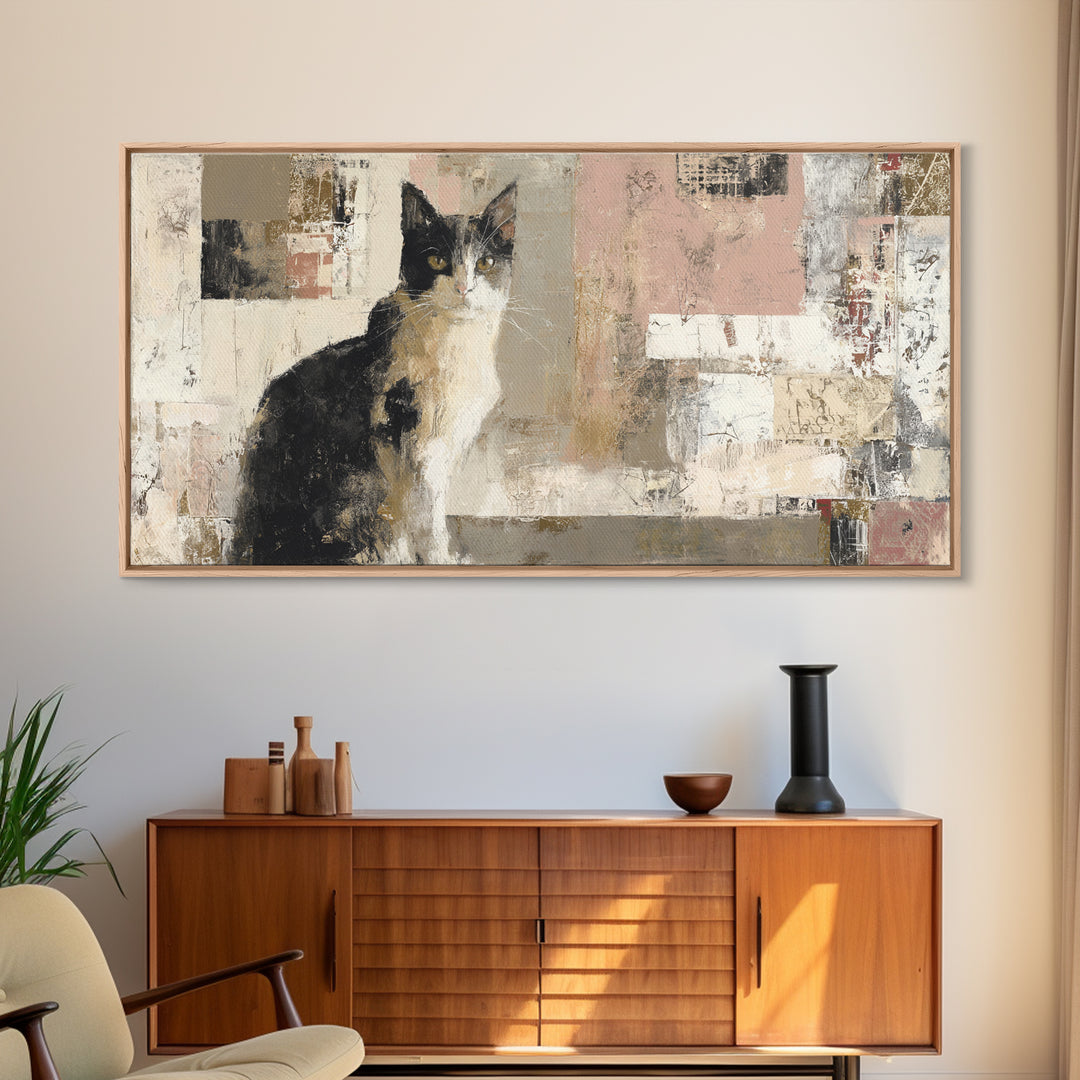 Monochrome Cat Portrait Framed Canvas Print, Monochrome Art, Bedroom Decor, Living Room Decor, Mono, Abstract Painting, MON-2x1-55