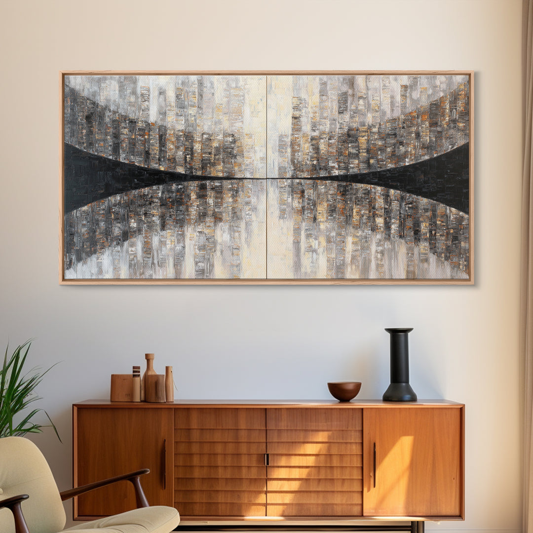 Black and White City Reflection Framed Canvas Print, Monochrome Art, Art Print, Living Room Decor, Abstract Art, Mono, MON-2x1-65