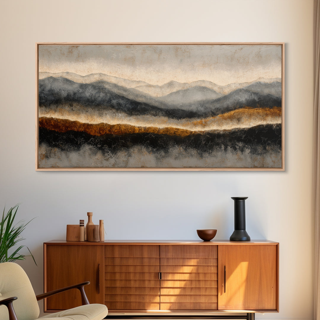 Charcoal Mountain Landscape Framed Canvas Print, Monochrome Art, Original Painting, Living Room Decor, Fine Art, Mono, MON-2x1-72