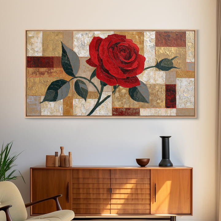 Single Red Rose Rendered Only Framed Canvas Print, Monochrome Art, Statement Artwork, Living Room Decor, Fine Art, Mono, MON-2x1-75