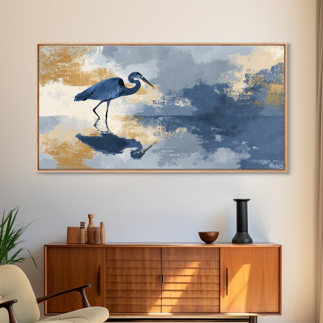 Blue Heron in Monochrome Navy Palette Canvas Print, Monochrome Art, Digital Print, Living Room Decor, Fine Art, Mono, MON-2x1-76