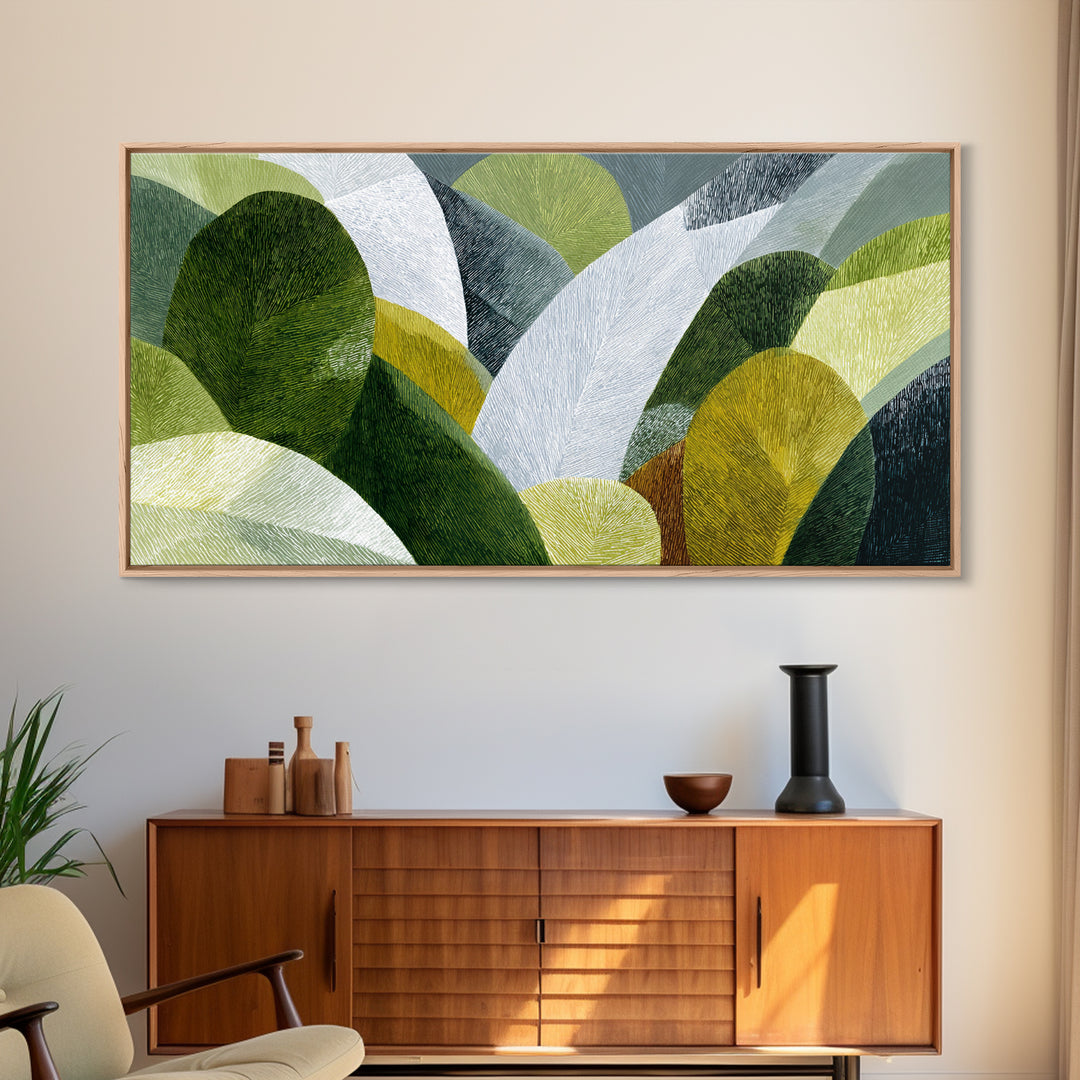 Olive Green Abstract Leaf Pattern Framed Canvas Print, Monochrome Art, Abstract Art, Living Room Decor, Watercolor Art, Mono, MON-2x1-88