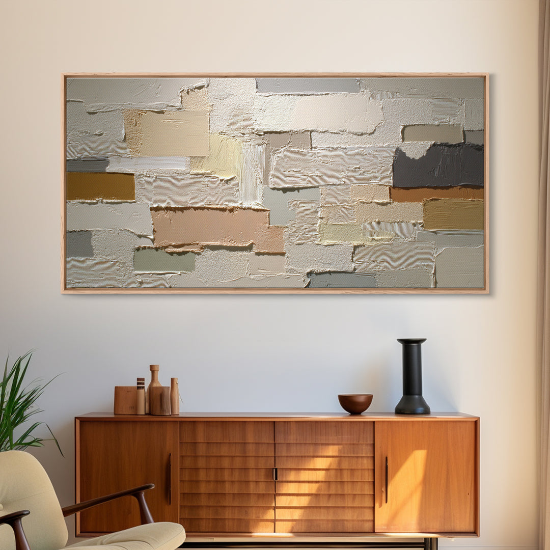 Cream on Cream Minimalist Forms Framed Canvas Print, Monochrome Art, Living Room Decor, Oil Painting, Mono, Textured Wall Art, MON-2x1-90