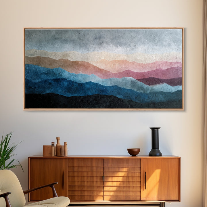 Blue Mountain Ridge Layers Framed Canvas Print, Monochrome Art, Bedroom Decor, Living Room Decor, Mono, Abstract Painting, MON-2x1-92