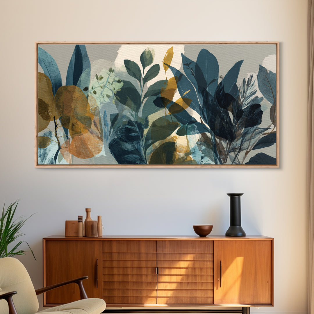 Green Botanical Study Framed Canvas Print, Monochrome Art, Moody Wall Art, Living Room Decor, Oil Painting, Mono, MON-2x1-95