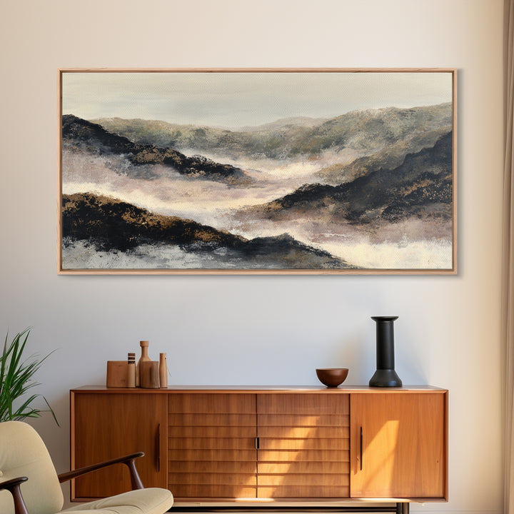 Charcoal Mountain Landscape Framed Canvas Print, Monochrome Art, Boho Wall Art, Living Room Decor, Mono, Neutral Decor, MON-2x1-96