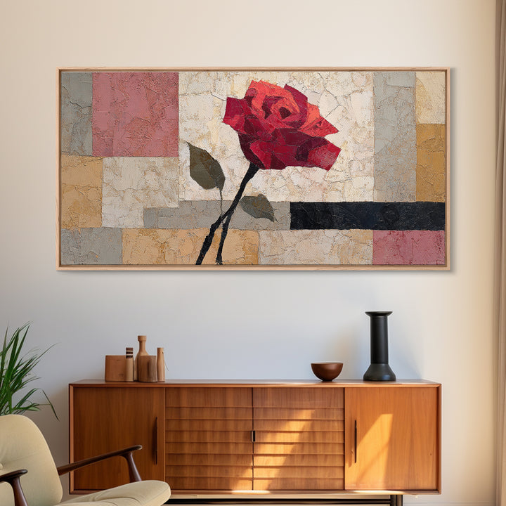Single Red Rose Rendered Only Framed Canvas Print, Monochrome Art, Textured Wall Art, Living Room Decor, Fine Art, Mono, MON-2x1-99